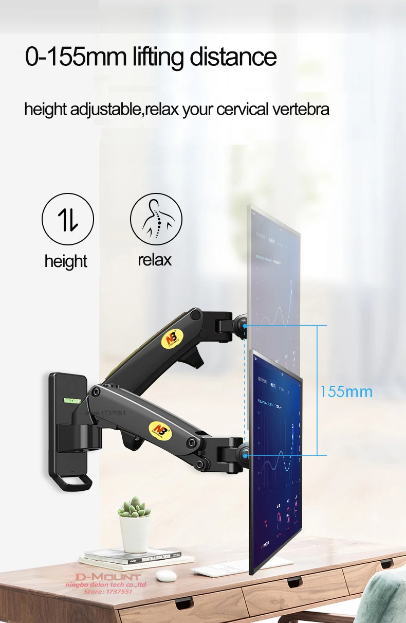 NB F120 17-27' Aluminum GS Gas Spring 360 Rotate Full Motion TV Wall Mount Bracket LCD Monitor Wall Mount Stand Screen Holder