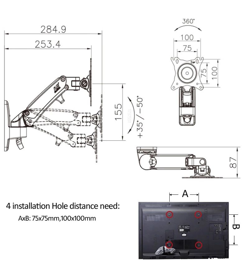 NB F120 17-27' Aluminum GS Gas Spring 360 Rotate Full Motion TV Wall Mount Bracket LCD Monitor Wall Mount Stand Screen Holder