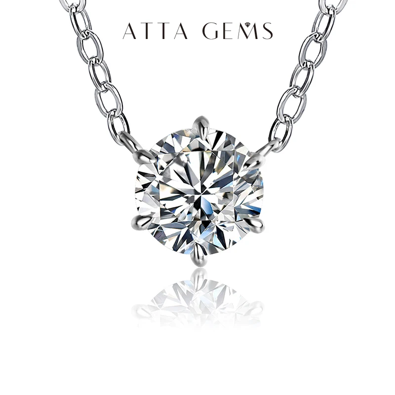 ATTAGEMS 925 Silver Necklace Pendant Round Cut 1.0ct D Color White Moissanite Pass Diamond Test for Women Elegant Necklace