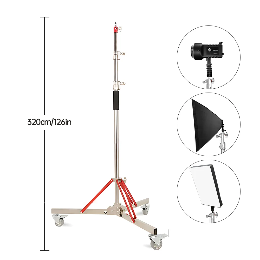 119-320cm Adjustable Heavy Duty Stainless Steel Photography C-Stand Base With Wheels Suitable For Mobile Shooting In Photography