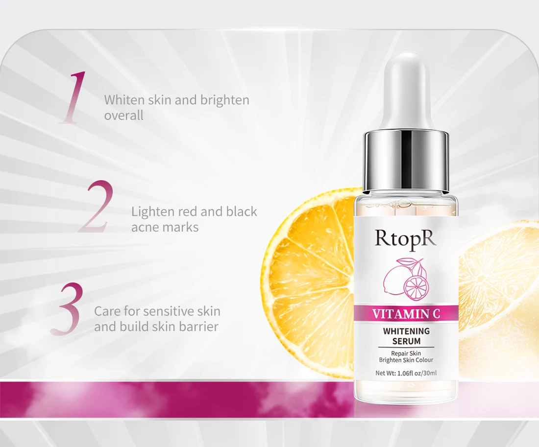 RtopR Vitamin C Whitening Essence Brightens Skin Removes Freckles Repairs Face Skin Wrinkles Lifts Firms Anti-Aging Face Care