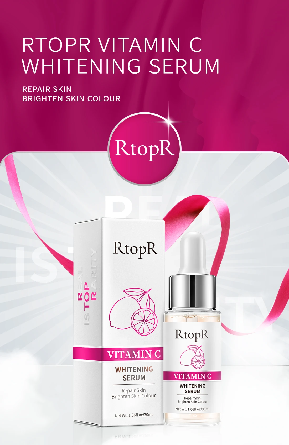 RtopR Vitamin C Whitening Essence Brightens Skin Removes Freckles Repairs Face Skin Wrinkles Lifts Firms Anti-Aging Face Care