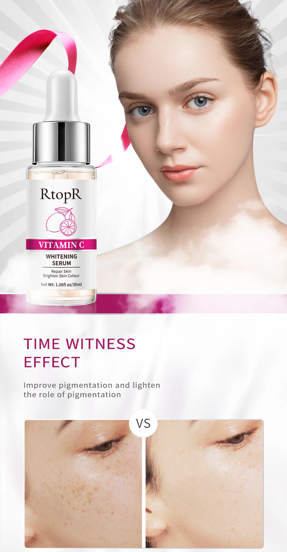 RtopR Vitamin C Whitening Essence Brightens Skin Removes Freckles Repairs Face Skin Wrinkles Lifts Firms Anti-Aging Face Care