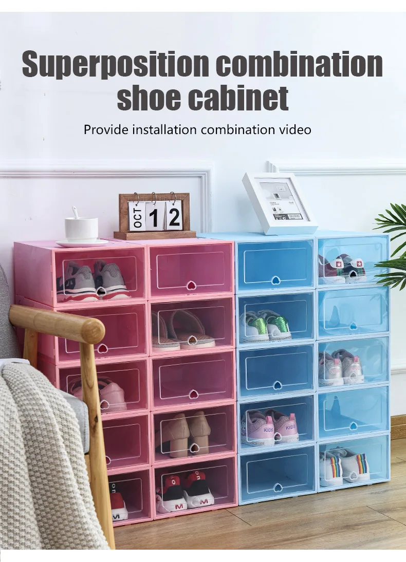 6pcs Transparent Shoe Box Shoes Organizers Plastic Thickened Foldable Dustproof Storage Box Stackable Combined Shoe Cabinet Sale