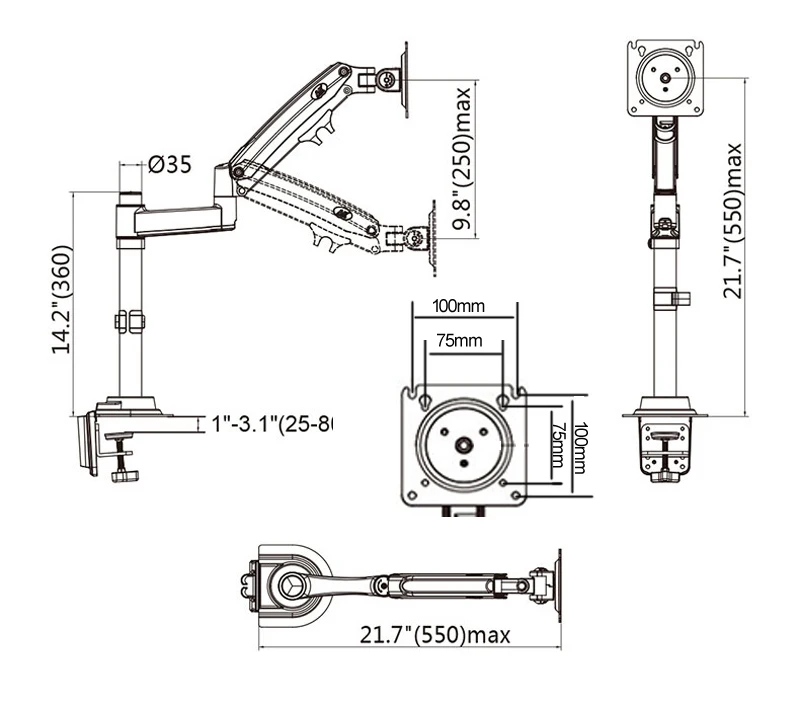 NB NEW H100 22-35' Monitor Holder Arm Gas Spring Full Motion LCD TV Mount 2-12kg Dual Arm Clamp Bracket