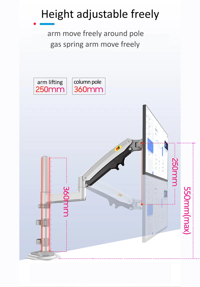 NB NEW H100 22-35' Monitor Holder Arm Gas Spring Full Motion LCD TV Mount 2-12kg Dual Arm Clamp Bracket