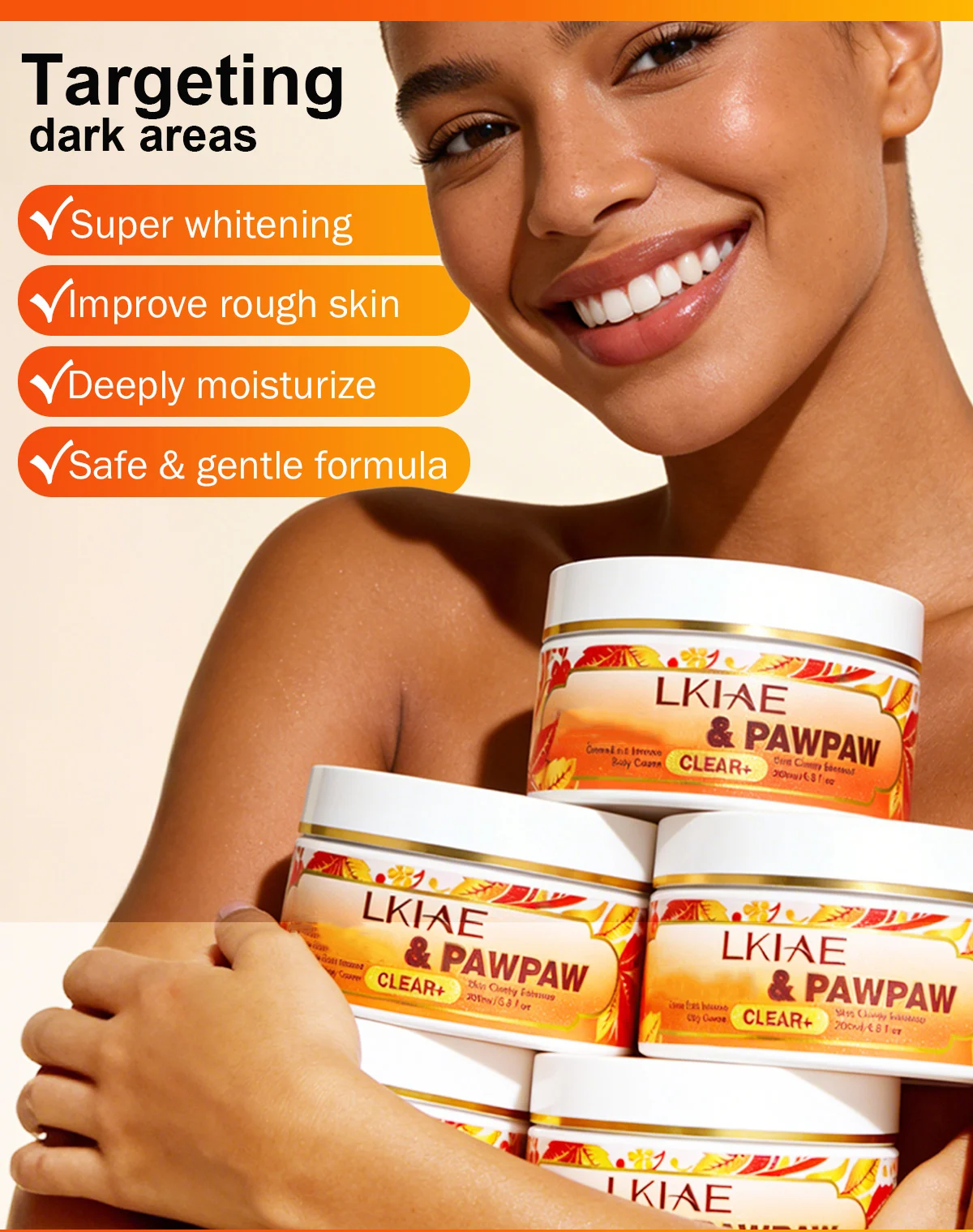 LKIAE Pawpaw Lightening Body Cream, With Carrot Oil, Deeply Moisturizing, Smooth Skin, Anti Dark Spots, Hyperpigmentation, 200ml