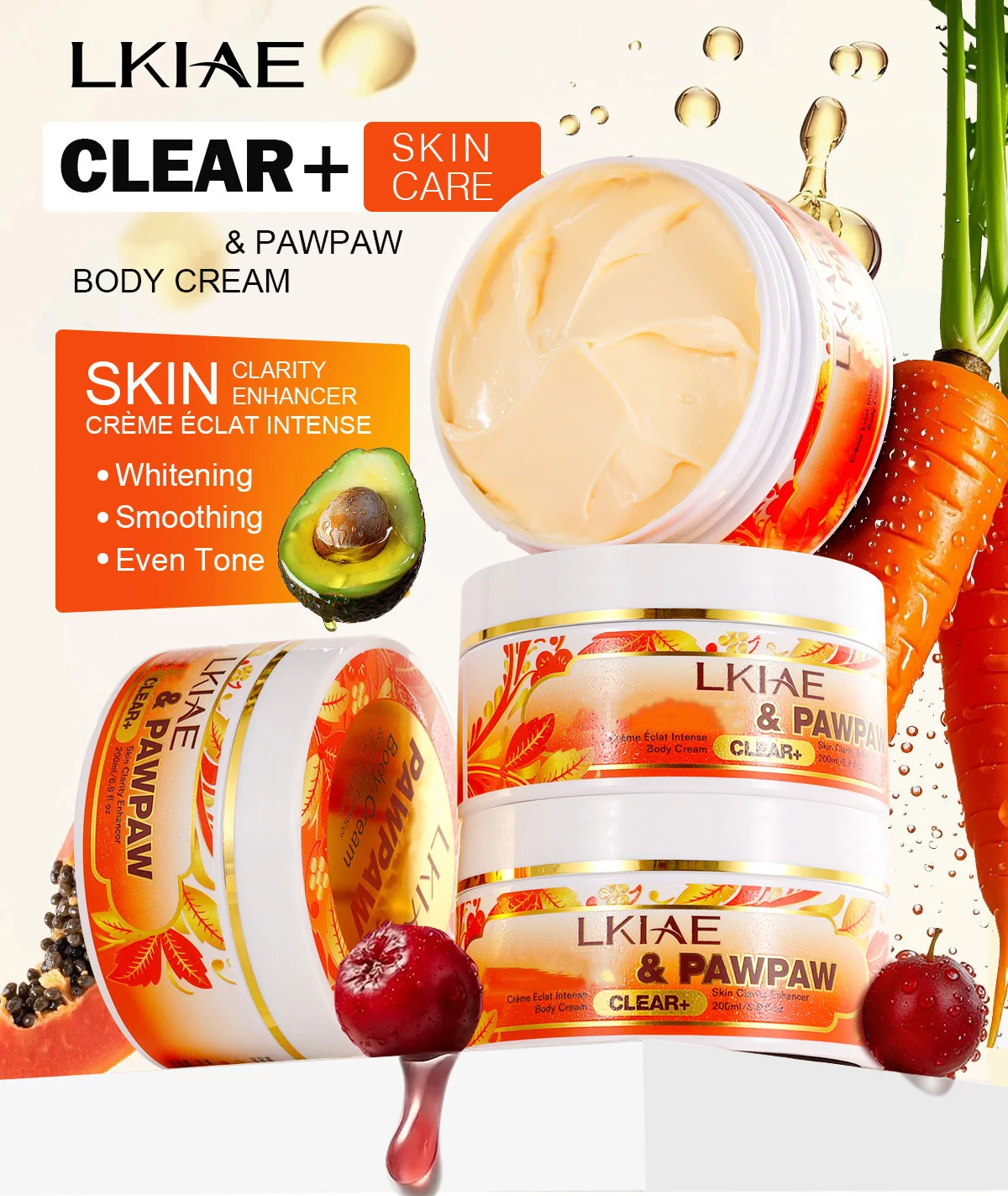 LKIAE Pawpaw Lightening Body Cream, With Carrot Oil, Deeply Moisturizing, Smooth Skin, Anti Dark Spots, Hyperpigmentation, 200ml