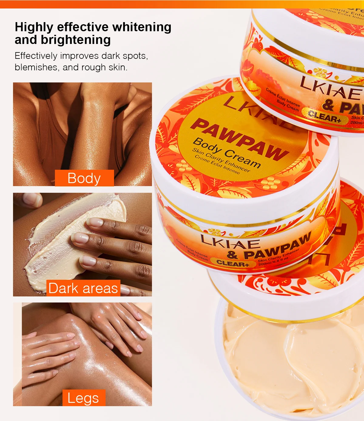 LKIAE Pawpaw Lightening Body Cream, With Carrot Oil, Deeply Moisturizing, Smooth Skin, Anti Dark Spots, Hyperpigmentation, 200ml