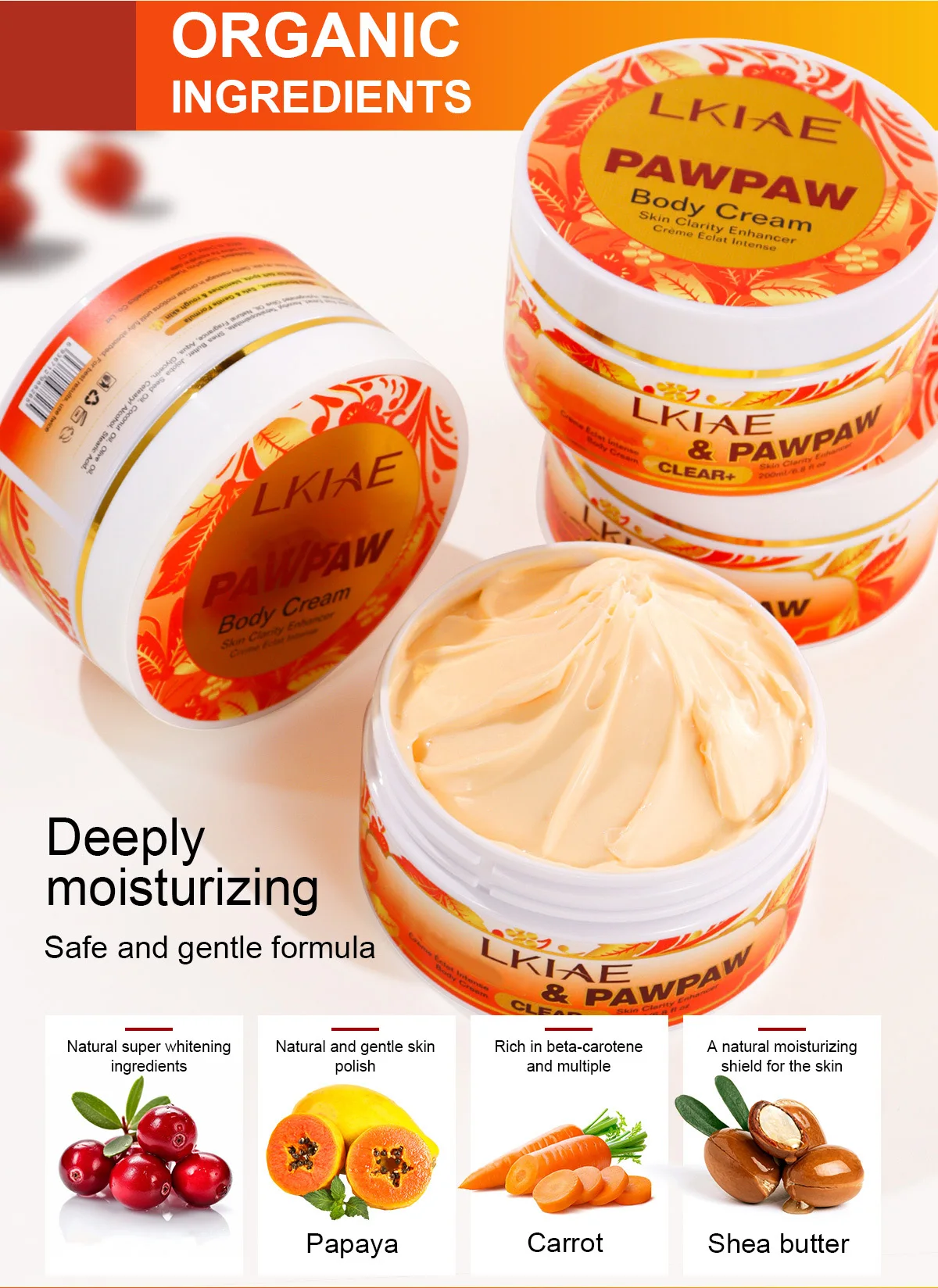 LKIAE Pawpaw Lightening Body Cream, With Carrot Oil, Deeply Moisturizing, Smooth Skin, Anti Dark Spots, Hyperpigmentation, 200ml