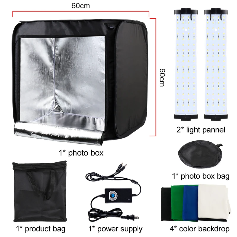 Yizhestudio 60cm Photo Studio Box Led Lightroom Dimmable Folding Softbox Light Tent with 4 Colors Backdrops for Fotografico