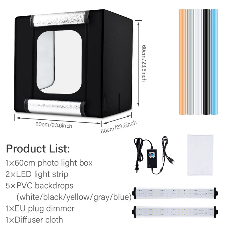 Yizhestudio 60cm Photo Studio Box Led Lightroom Dimmable Folding Softbox Light Tent with 4 Colors Backdrops for Fotografico