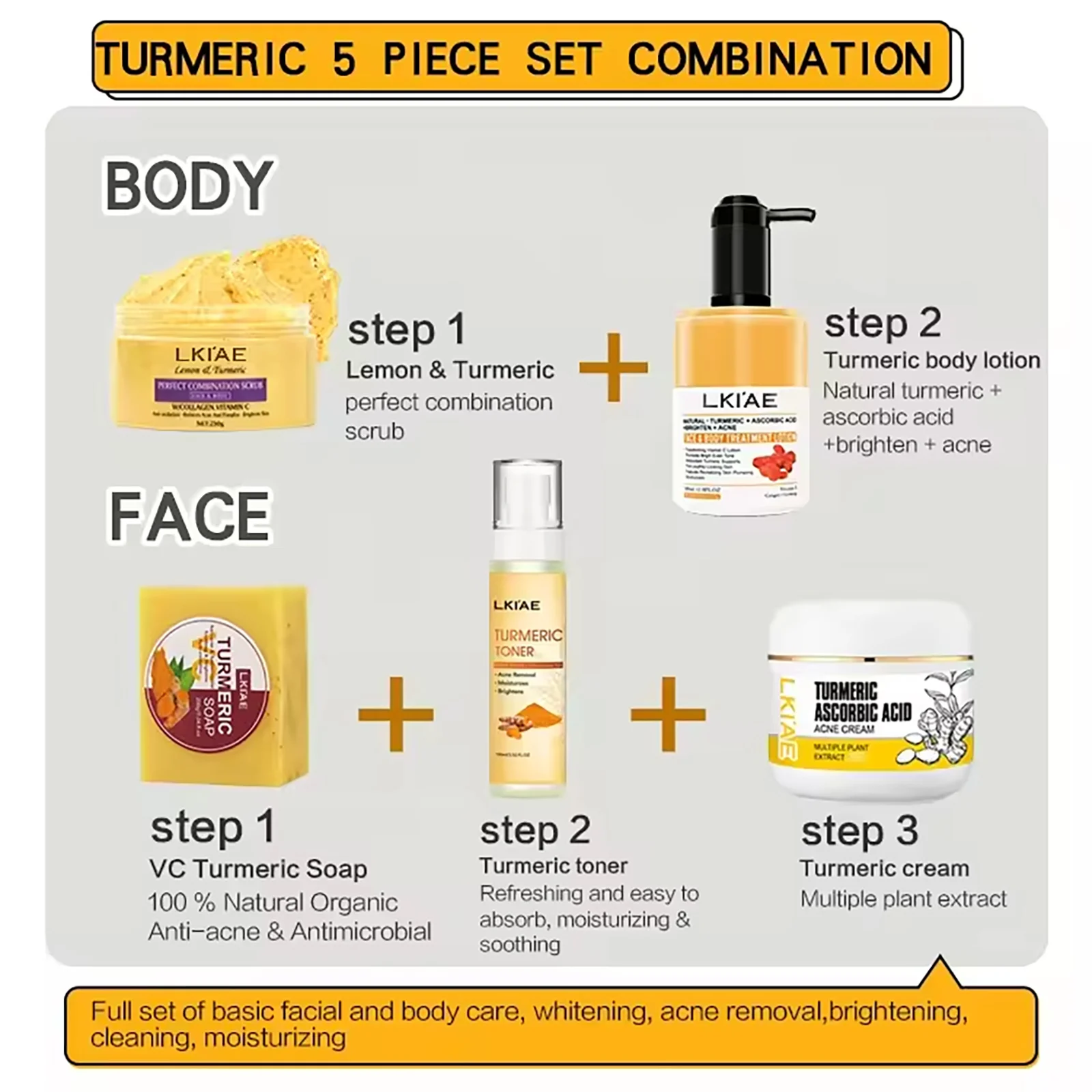 AILKE Organic Turmeric Skin Care Set, Brighten, Cleaning Skin, Remove Acne,Pimples, Whitening, Even Skin Tone, Improve Dry Skin
