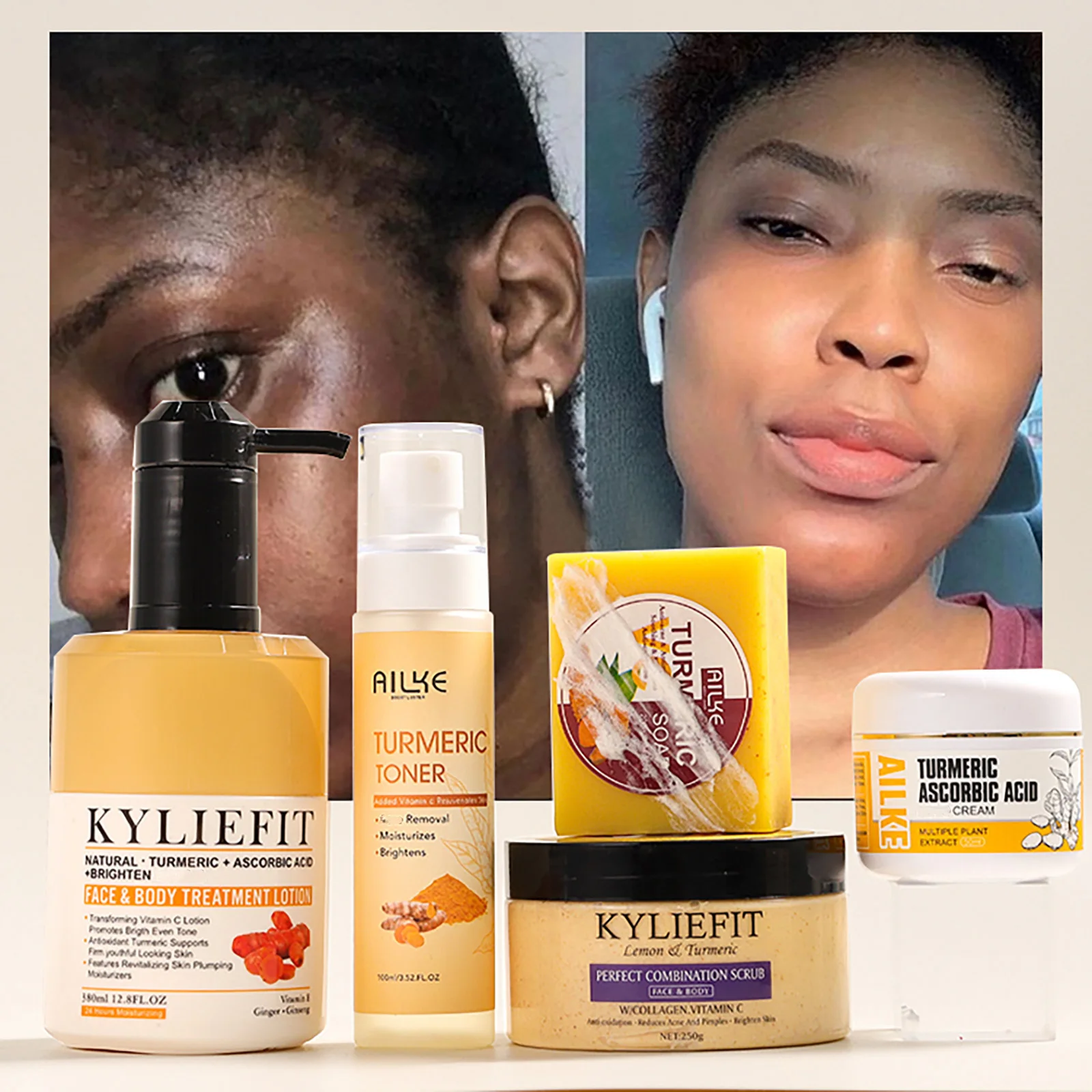AILKE Organic Turmeric Skin Care Set, Brighten, Cleaning Skin, Remove Acne,Pimples, Whitening, Even Skin Tone, Improve Dry Skin