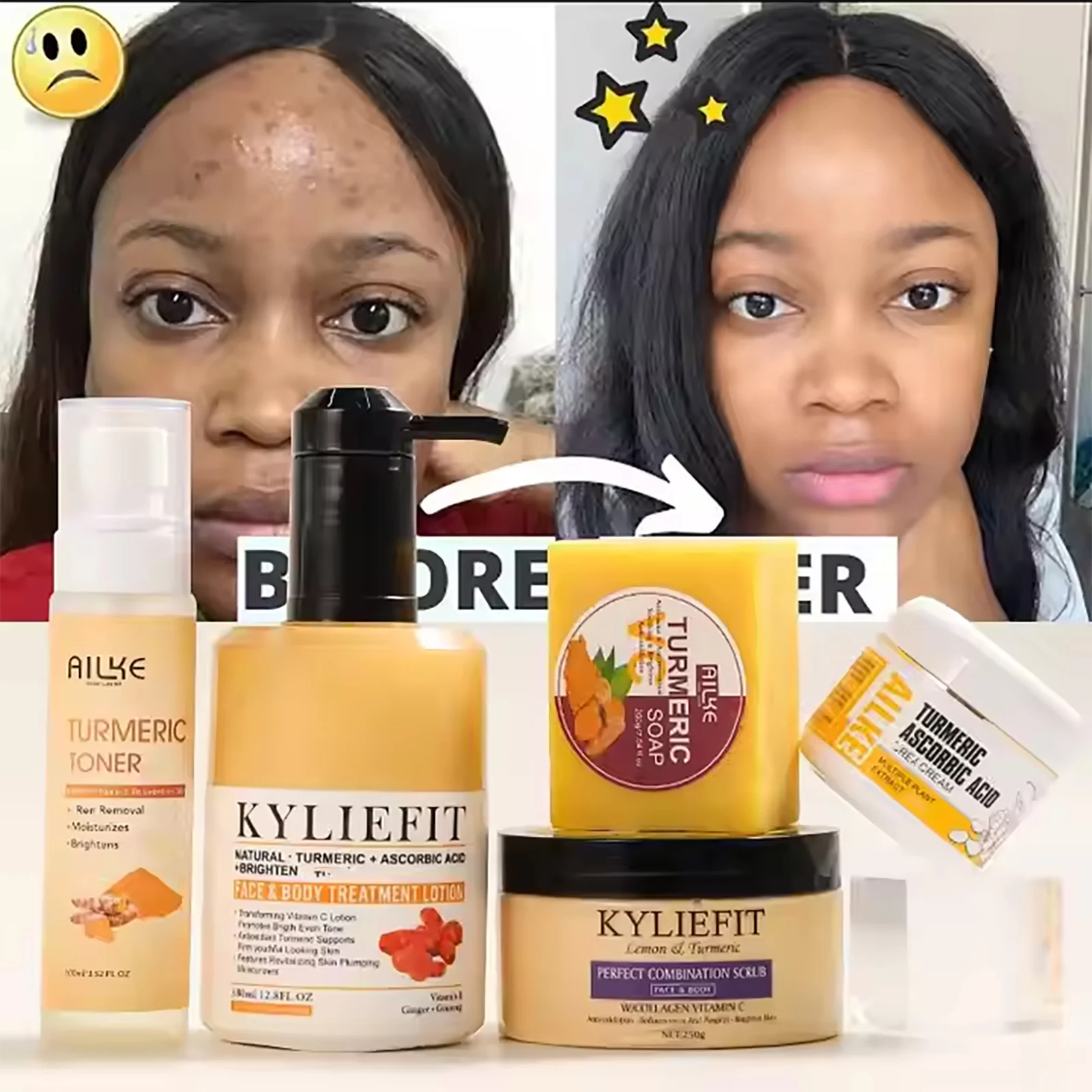 AILKE Organic Turmeric Skin Care Set, Brighten, Cleaning Skin, Remove Acne,Pimples, Whitening, Even Skin Tone, Improve Dry Skin