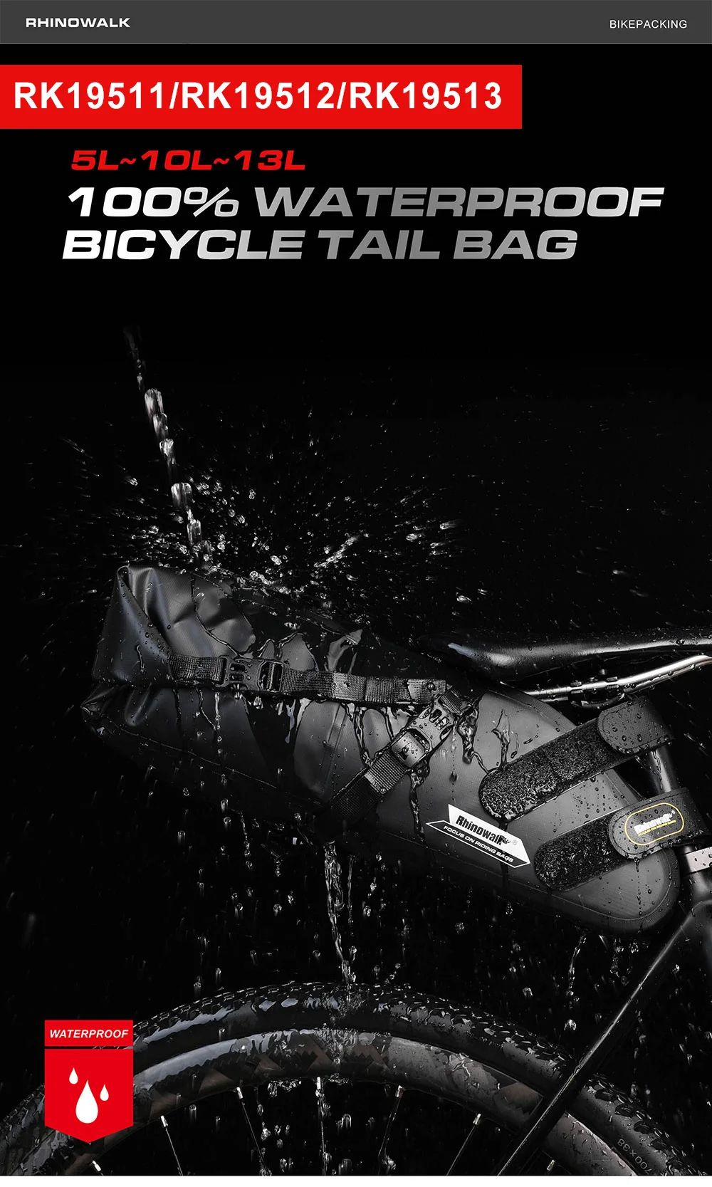 Rhinowalk Bike Bag 100% Waterproof Bicycle Saddle Bag 5L/10L/13L Reflective Foldable Tail Rear Bag MTB Cycling Trunk Pannier