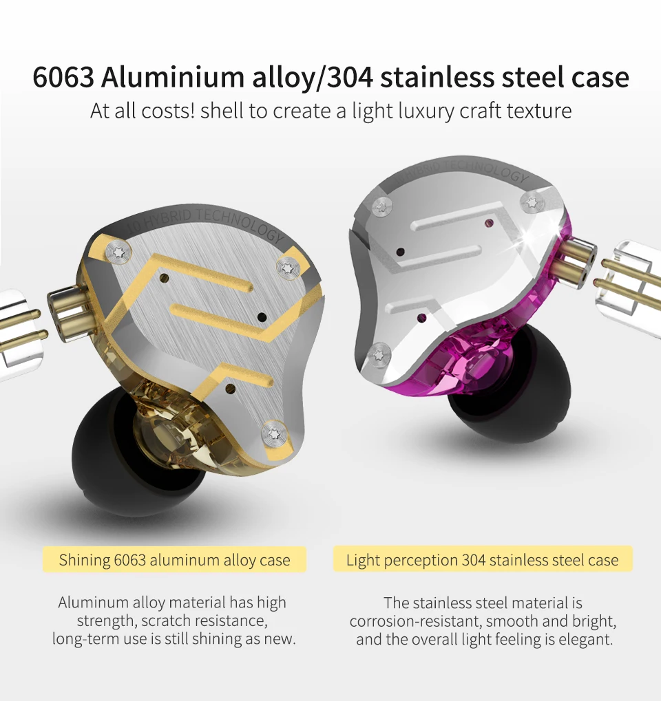 KZ ZS10 Pro Gold Earphones 4BA+1DD Hybrid 10 drivers HIFI Bass Earbuds In Ear Monitor Headphones Noise Cancelling Metal Headset