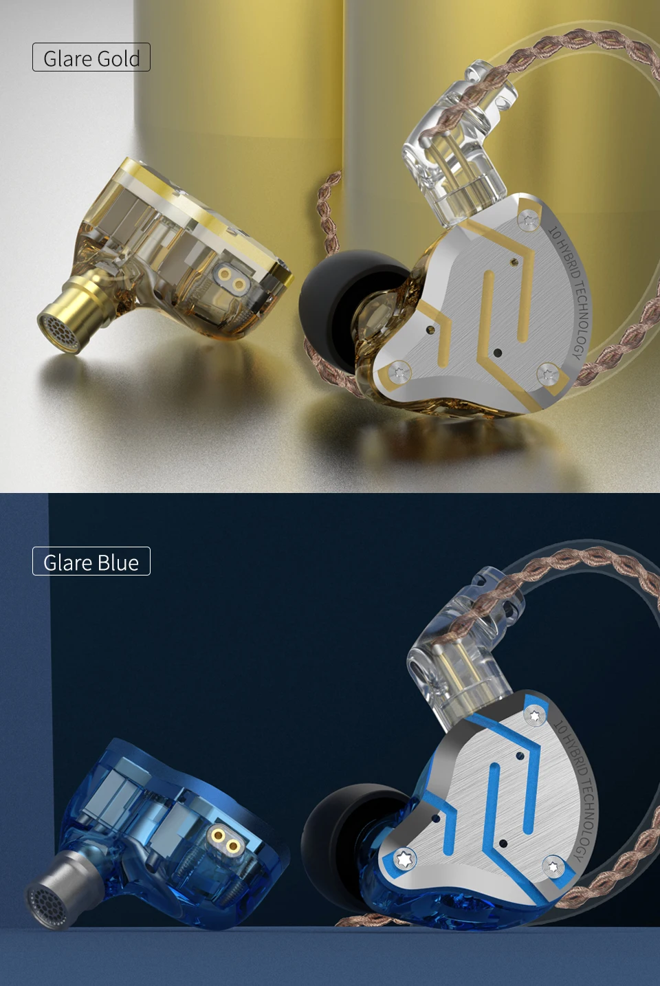 KZ ZS10 Pro Gold Earphones 4BA+1DD Hybrid 10 drivers HIFI Bass Earbuds In Ear Monitor Headphones Noise Cancelling Metal Headset