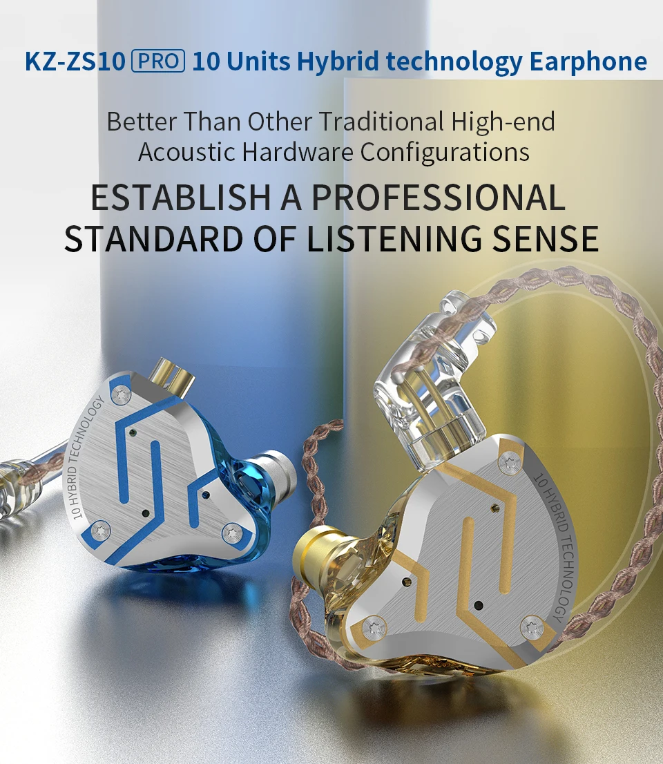 KZ ZS10 Pro Gold Earphones 4BA+1DD Hybrid 10 drivers HIFI Bass Earbuds In Ear Monitor Headphones Noise Cancelling Metal Headset