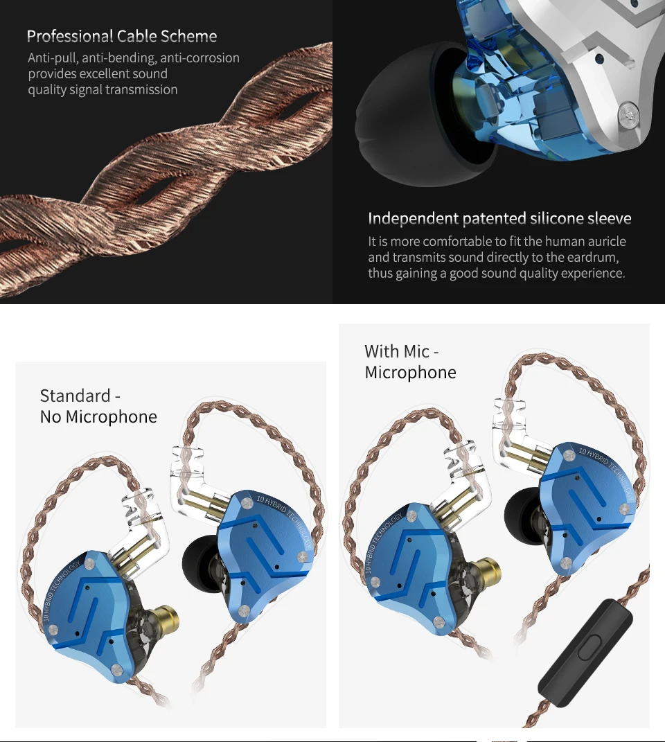 KZ ZS10 Pro Gold Earphones 4BA+1DD Hybrid 10 drivers HIFI Bass Earbuds In Ear Monitor Headphones Noise Cancelling Metal Headset