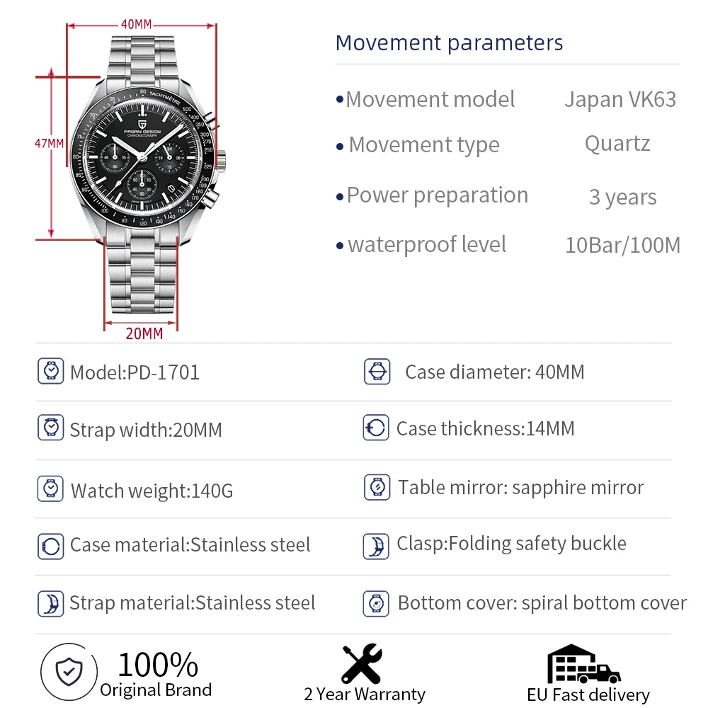 PAGANI DESIGN V5 Mens Quartz Watches Moon Luxury Chronograph Watch For Men Sapphire Waterproof Stainless Steel Reloj Hombre 2026