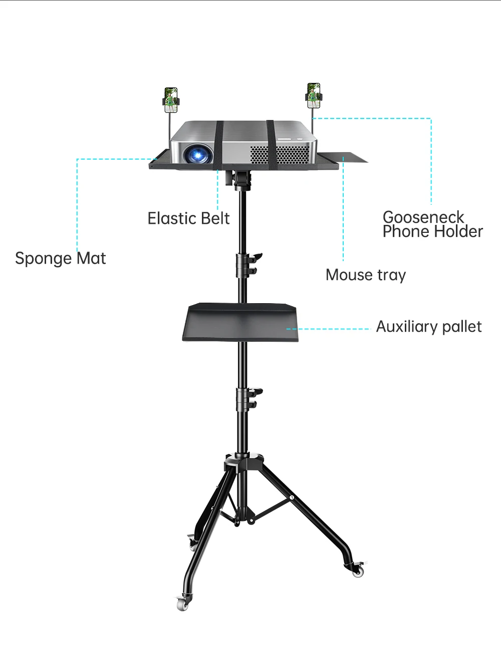 SH 90/125/145CM Projector Tripod Stand With Trays Laptop Tripod, Portable Projector Floor Stand Adjustable Height With Hose Clip