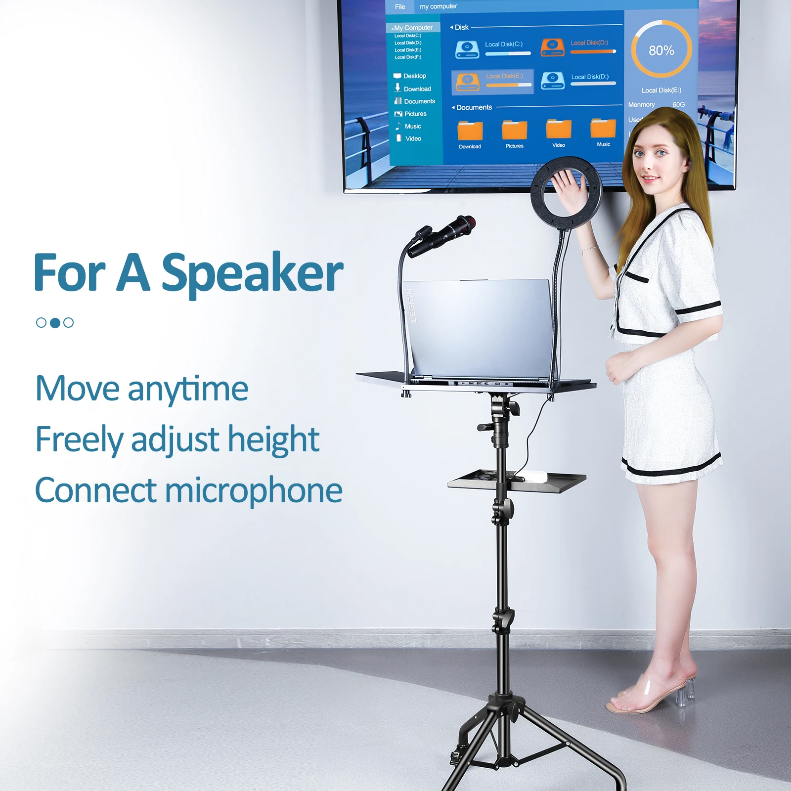 SH 90/125/145CM Projector Tripod Stand With Trays Laptop Tripod, Portable Projector Floor Stand Adjustable Height With Hose Clip