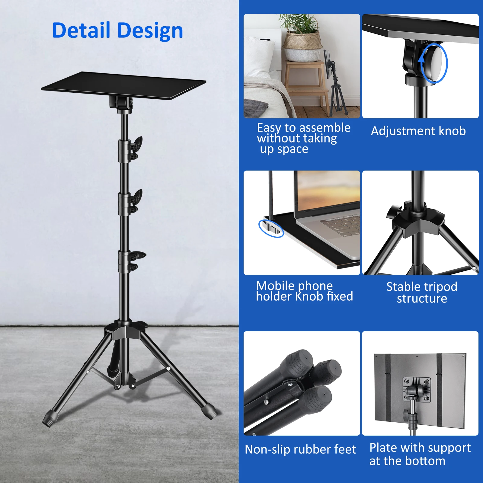 SH 90/125/145CM Projector Tripod Stand With Trays Laptop Tripod, Portable Projector Floor Stand Adjustable Height With Hose Clip