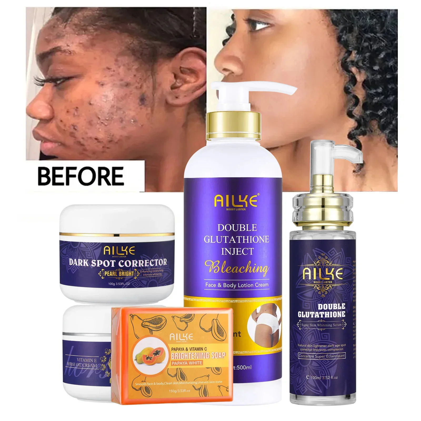 AILKE Double Glutathione Whitening Kit for Women, Hydration, Anti Dark Spots, Freckles, Hyperpigmentation, Even Skin Tone Set