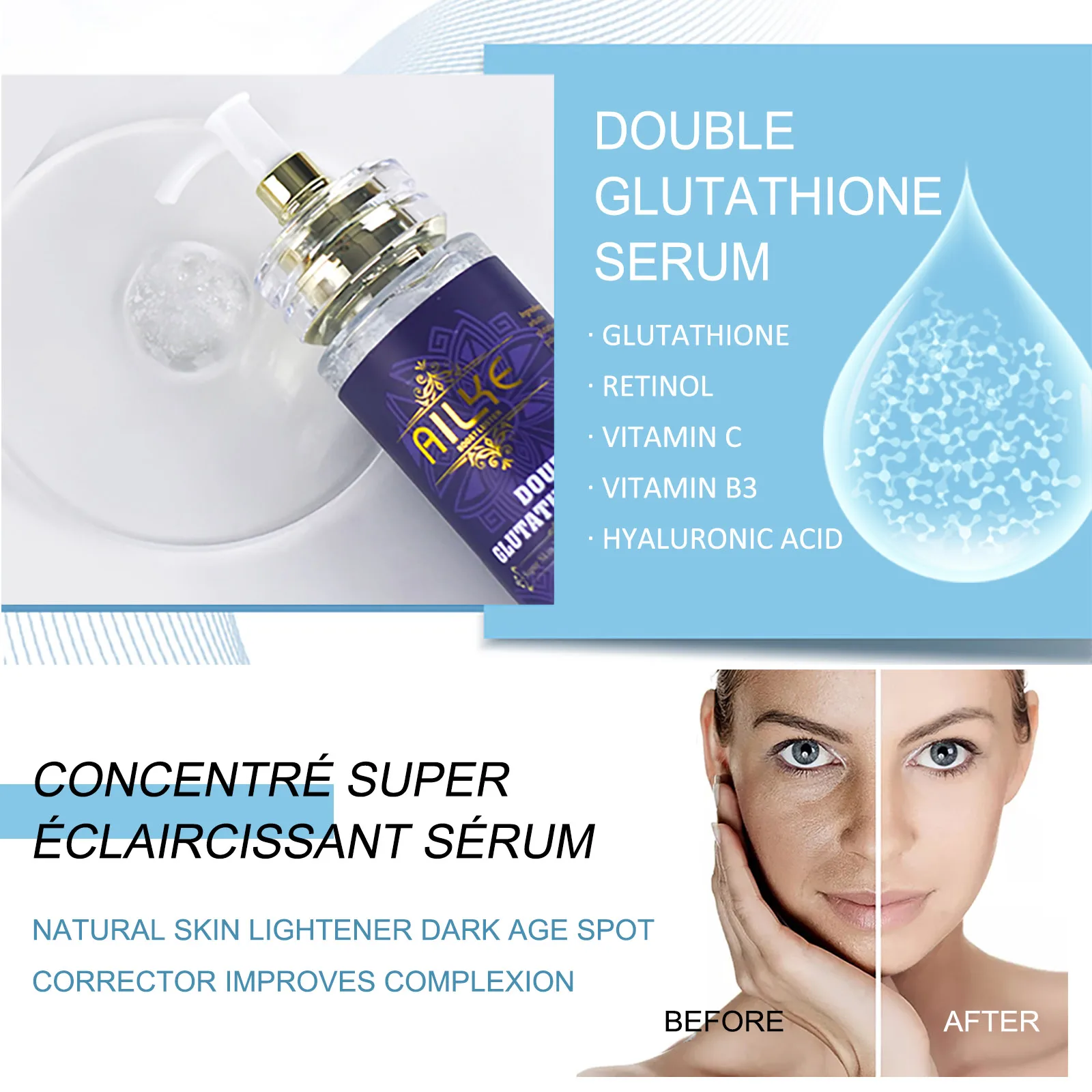 AILKE Double Glutathione Whitening Kit for Women, Hydration, Anti Dark Spots, Freckles, Hyperpigmentation, Even Skin Tone Set