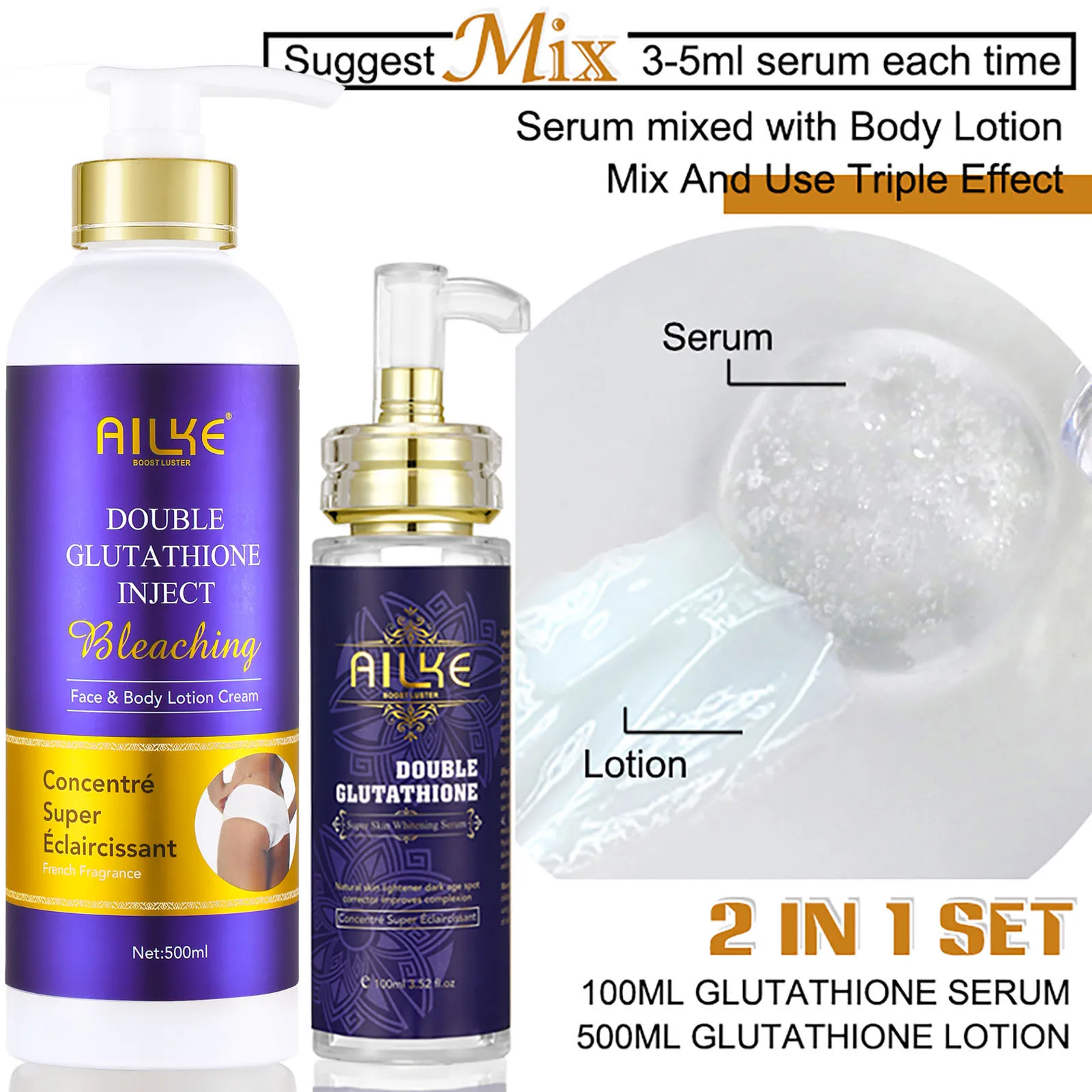 AILKE Double Glutathione Whitening Kit for Women, Hydration, Anti Dark Spots, Freckles, Hyperpigmentation, Even Skin Tone Set