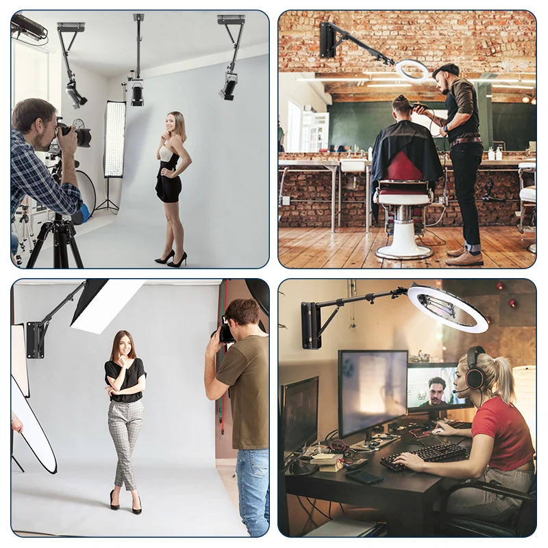 22inch Ring Light With 54/67inch Wall Mount Boom Arm Photo Studio Kit 180º Flexible 3/8" 1/4" Thread Stand And Led Fill Light
