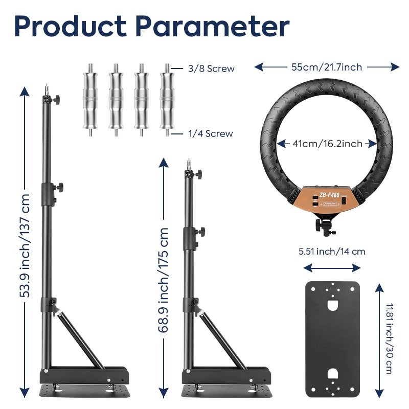 22inch Ring Light With 54/67inch Wall Mount Boom Arm Photo Studio Kit 180º Flexible 3/8" 1/4" Thread Stand And Led Fill Light