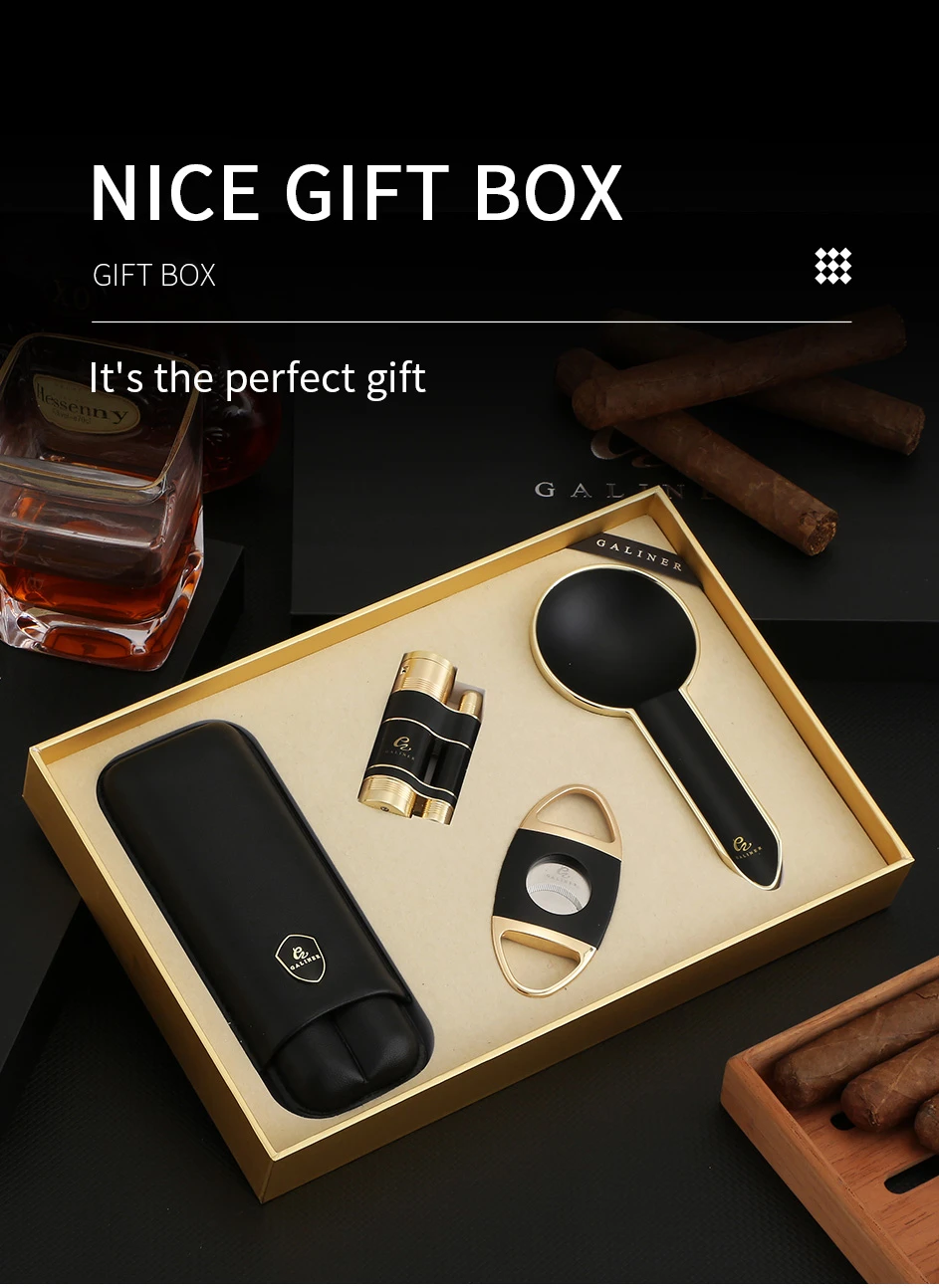 GALINER Luxury Cigar Set Accessories Metal Ashtray Cigar Lighter Butane Gas 2 Fire Lighters W/ Cutter Punch Leather Cigar Case