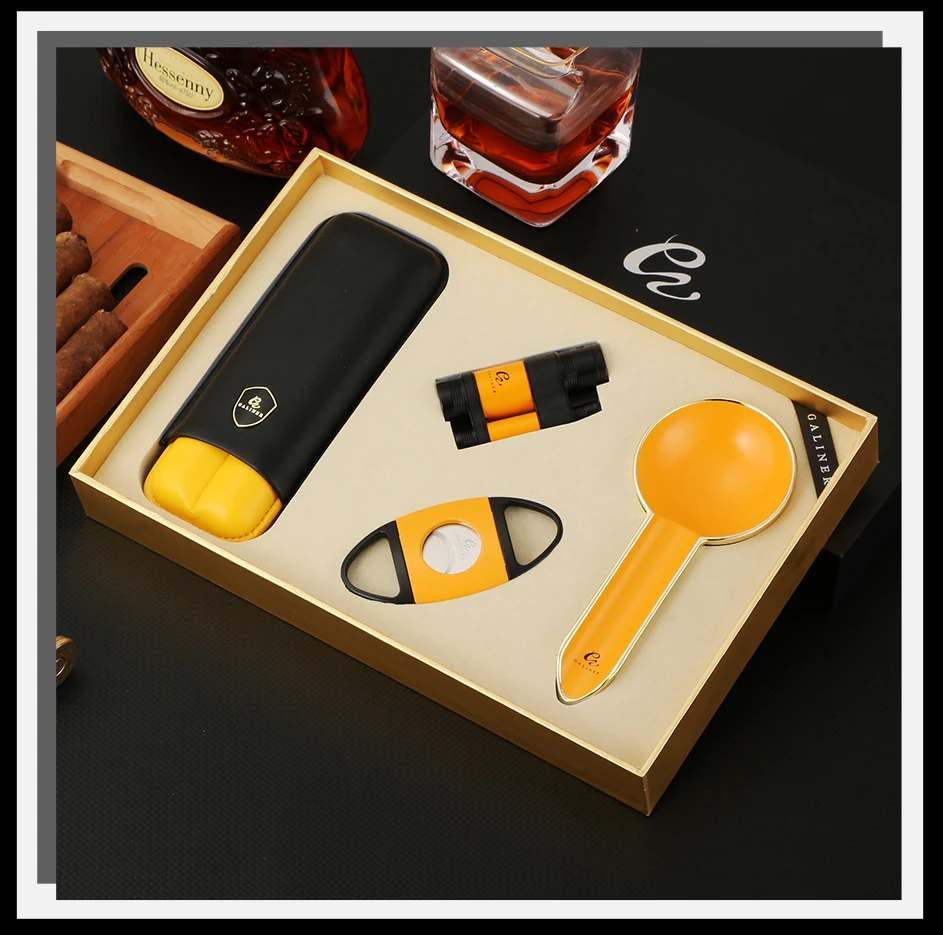 GALINER Luxury Cigar Set Accessories Metal Ashtray Cigar Lighter Butane Gas 2 Fire Lighters W/ Cutter Punch Leather Cigar Case