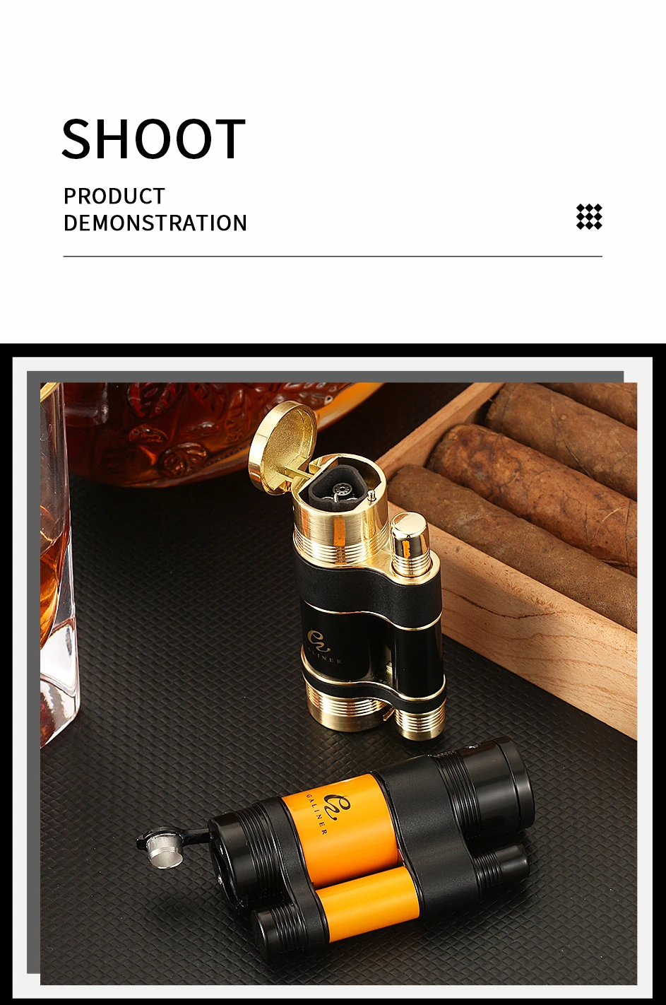 GALINER Luxury Cigar Set Accessories Metal Ashtray Cigar Lighter Butane Gas 2 Fire Lighters W/ Cutter Punch Leather Cigar Case