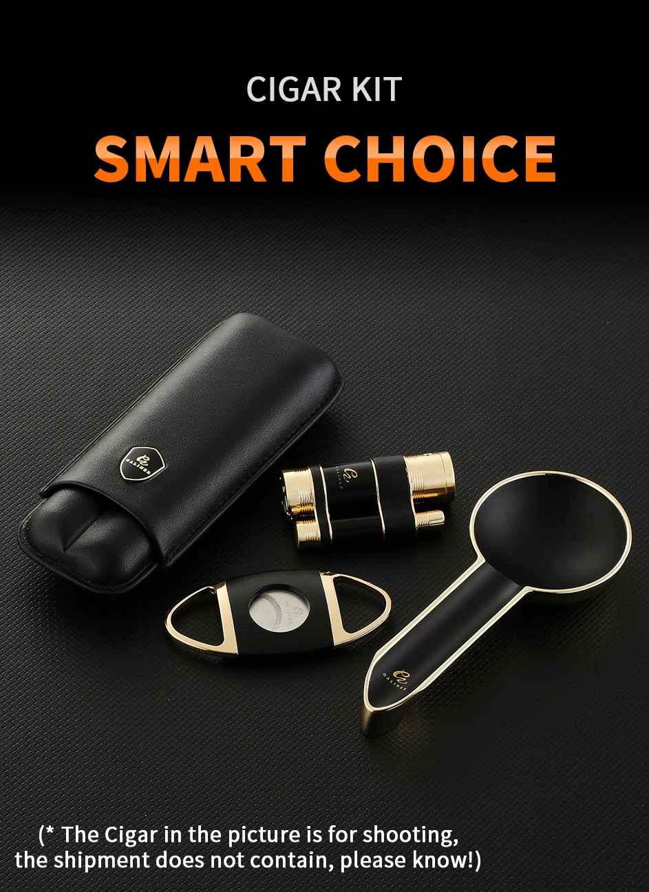 GALINER Luxury Cigar Set Accessories Metal Ashtray Cigar Lighter Butane Gas 2 Fire Lighters W/ Cutter Punch Leather Cigar Case