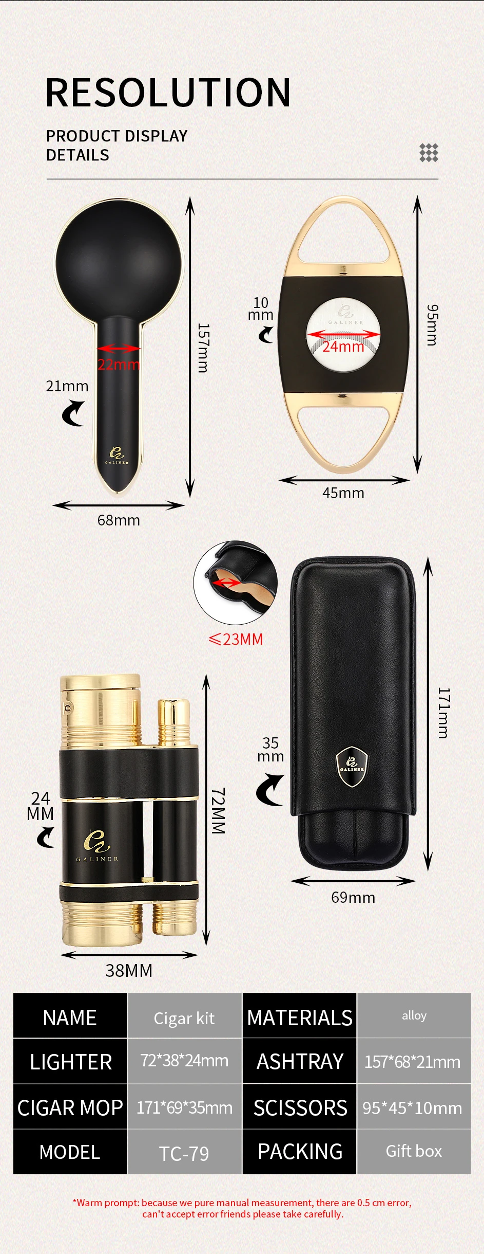 GALINER Luxury Cigar Set Accessories Metal Ashtray Cigar Lighter Butane Gas 2 Fire Lighters W/ Cutter Punch Leather Cigar Case