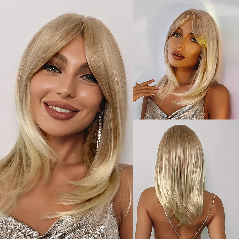 ALAN EATON Ombre Brown Blonde Layered Synthetic Wigs for White Women Shoulder Length Natural Wavy Wigs with Bangs Heat Resistant