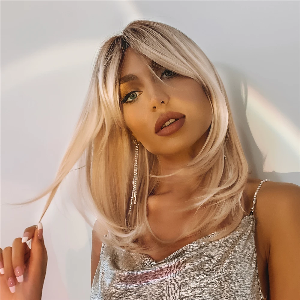 ALAN EATON Ombre Brown Blonde Layered Synthetic Wigs for White Women Shoulder Length Natural Wavy Wigs with Bangs Heat Resistant