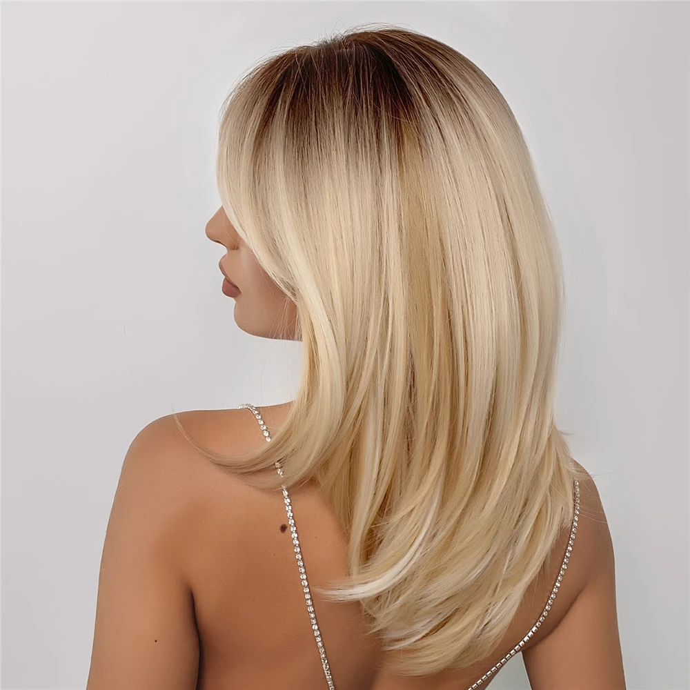 ALAN EATON Ombre Brown Blonde Layered Synthetic Wigs for White Women Shoulder Length Natural Wavy Wigs with Bangs Heat Resistant