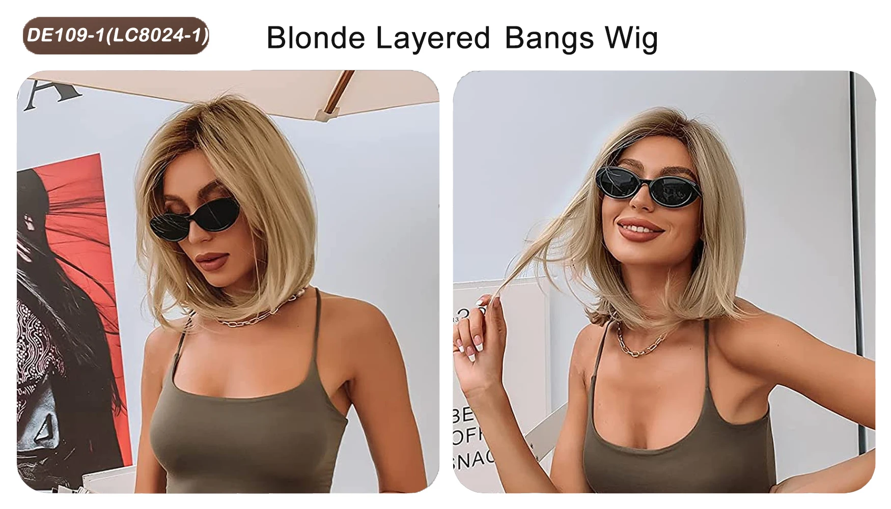 ALAN EATON Ombre Brown Blonde Layered Synthetic Wigs for White Women Shoulder Length Natural Wavy Wigs with Bangs Heat Resistant