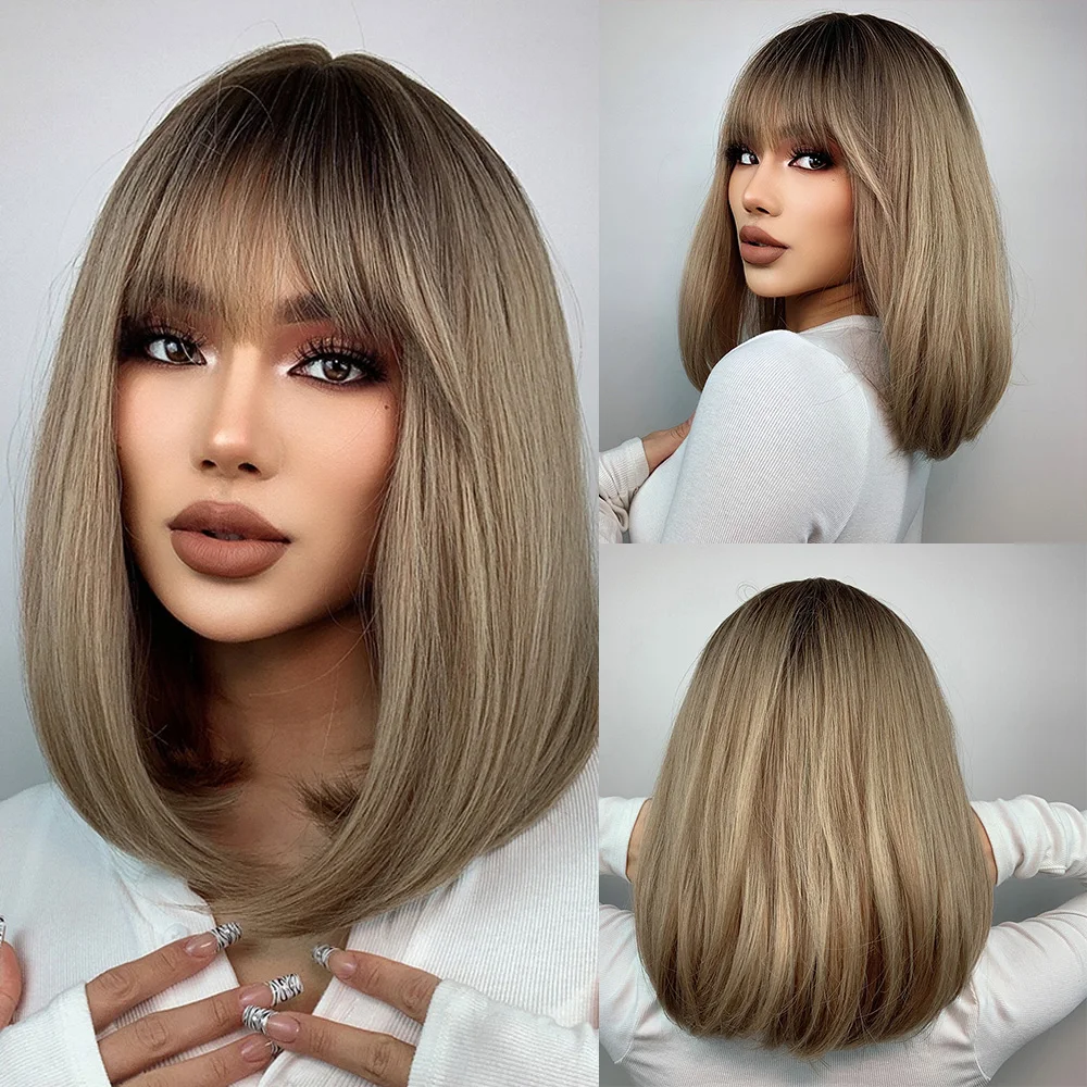 ALAN EATON Ombre Brown Blonde Layered Synthetic Wigs for White Women Shoulder Length Natural Wavy Wigs with Bangs Heat Resistant