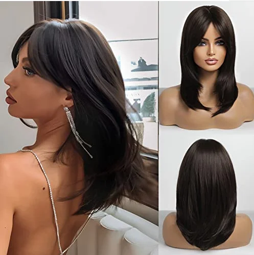 ALAN EATON Ombre Brown Blonde Layered Synthetic Wigs for White Women Shoulder Length Natural Wavy Wigs with Bangs Heat Resistant