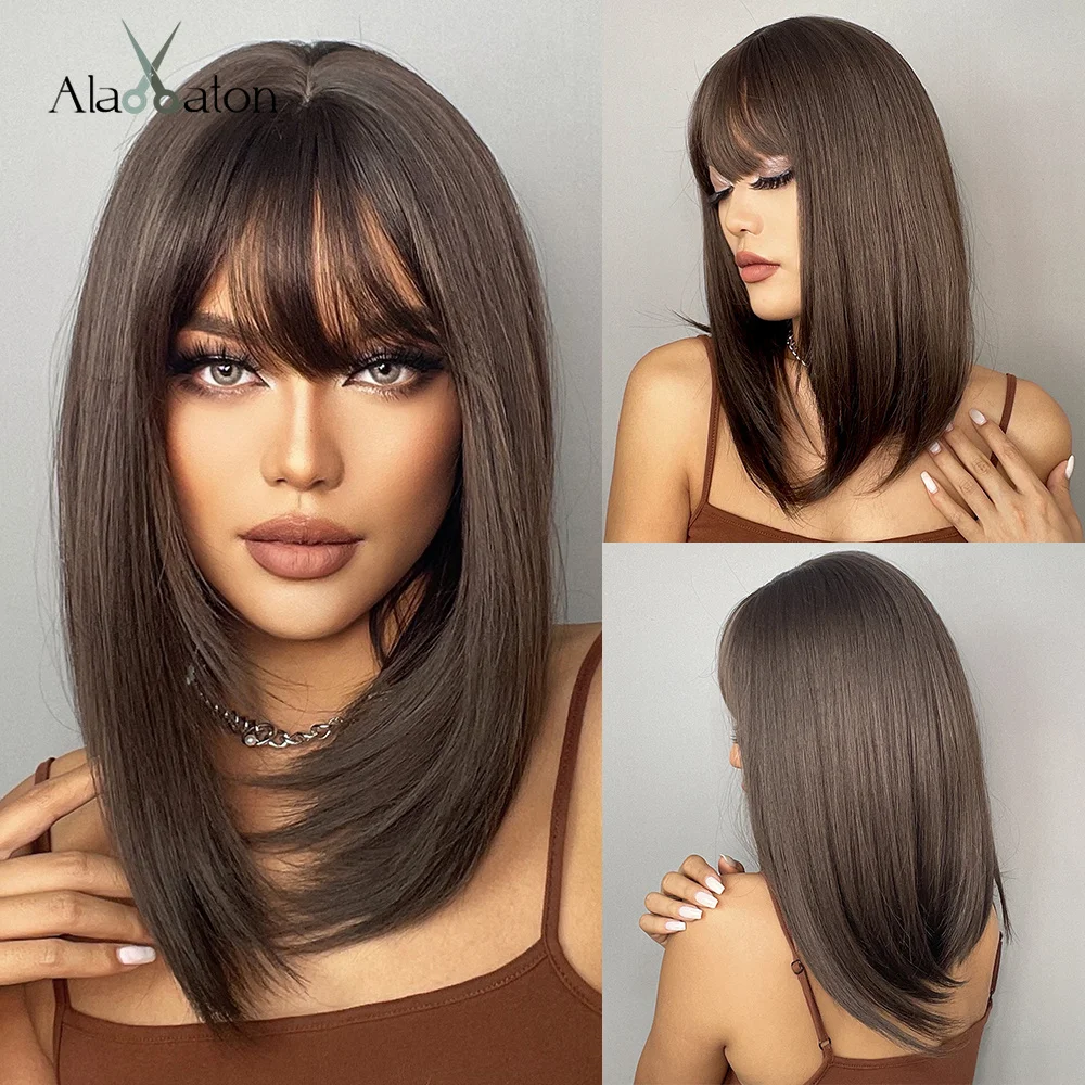 ALAN EATON Ombre Brown Blonde Layered Synthetic Wigs for White Women Shoulder Length Natural Wavy Wigs with Bangs Heat Resistant