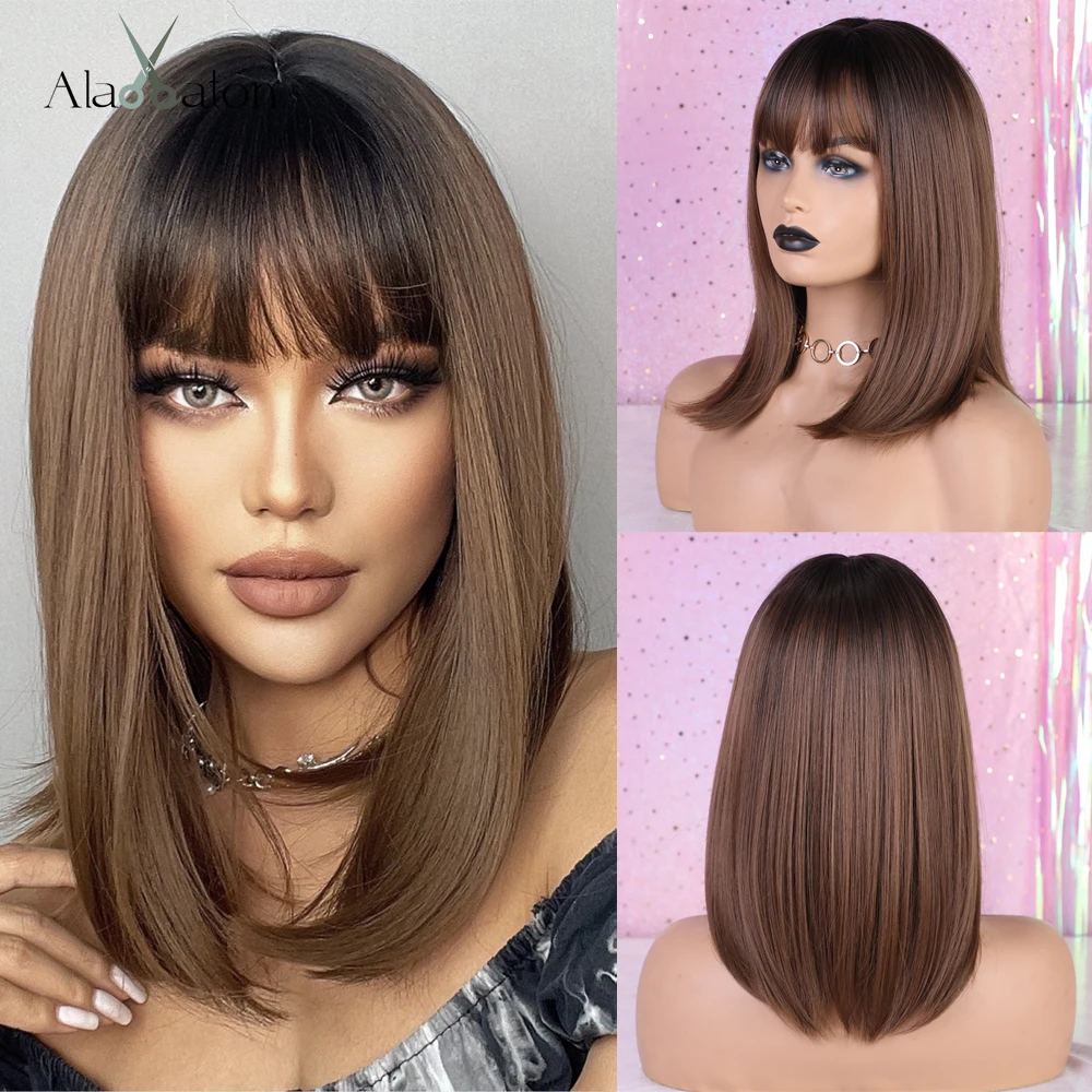 ALAN EATON Ombre Brown Blonde Layered Synthetic Wigs for White Women Shoulder Length Natural Wavy Wigs with Bangs Heat Resistant