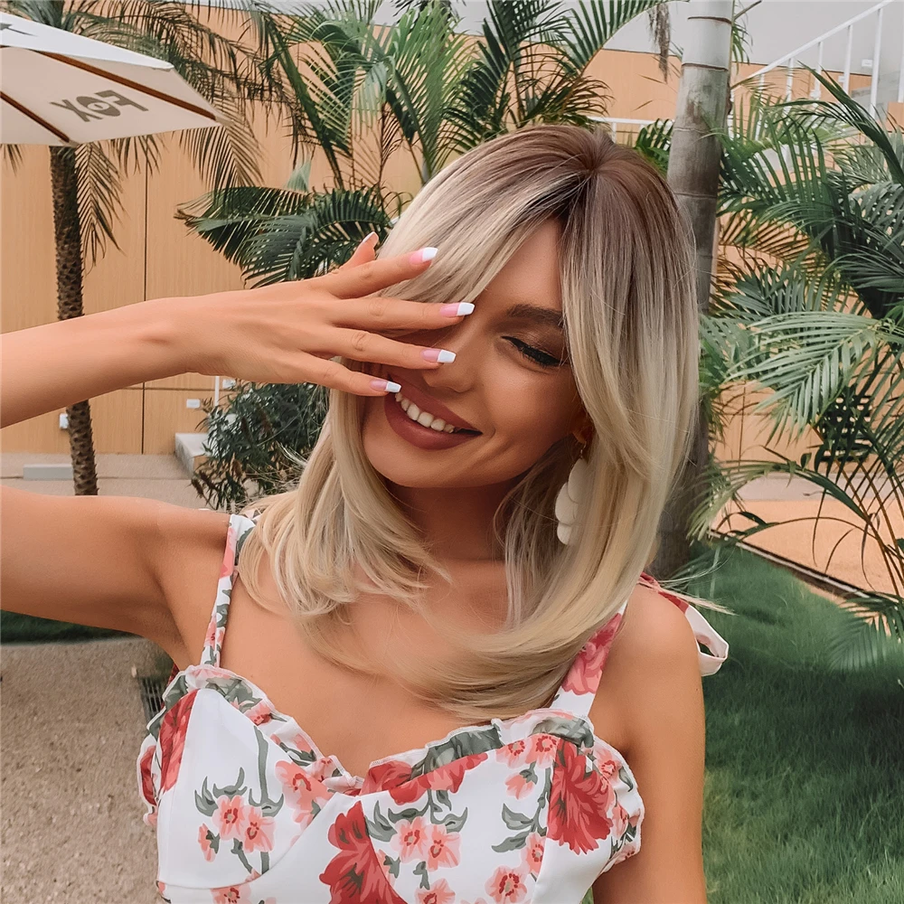 ALAN EATON Ombre Brown Blonde Layered Synthetic Wigs for White Women Shoulder Length Natural Wavy Wigs with Bangs Heat Resistant