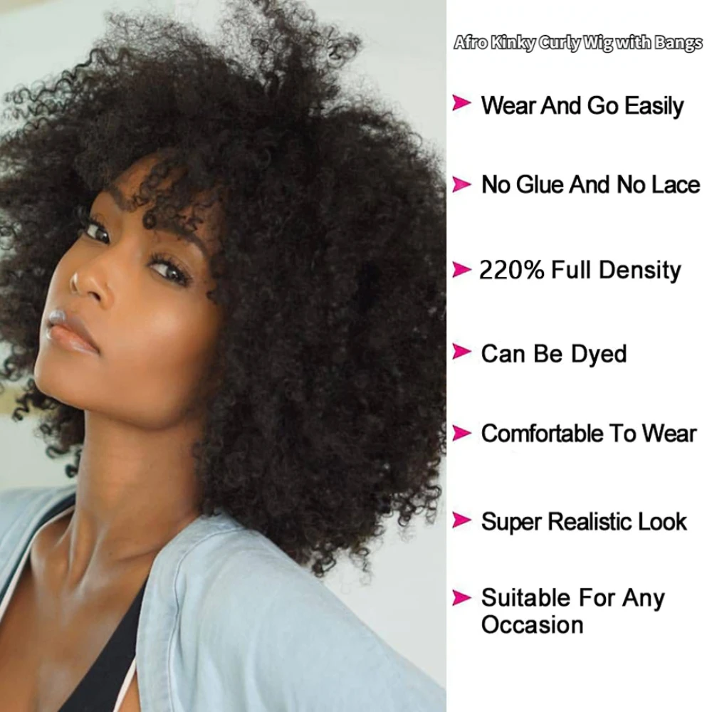 4B Fluffy Afro Kinky Curly Human Hair Wigs With Bangs Natural Put On And Go Ready To Wear Human Hair Wigs Without Glue And Gel