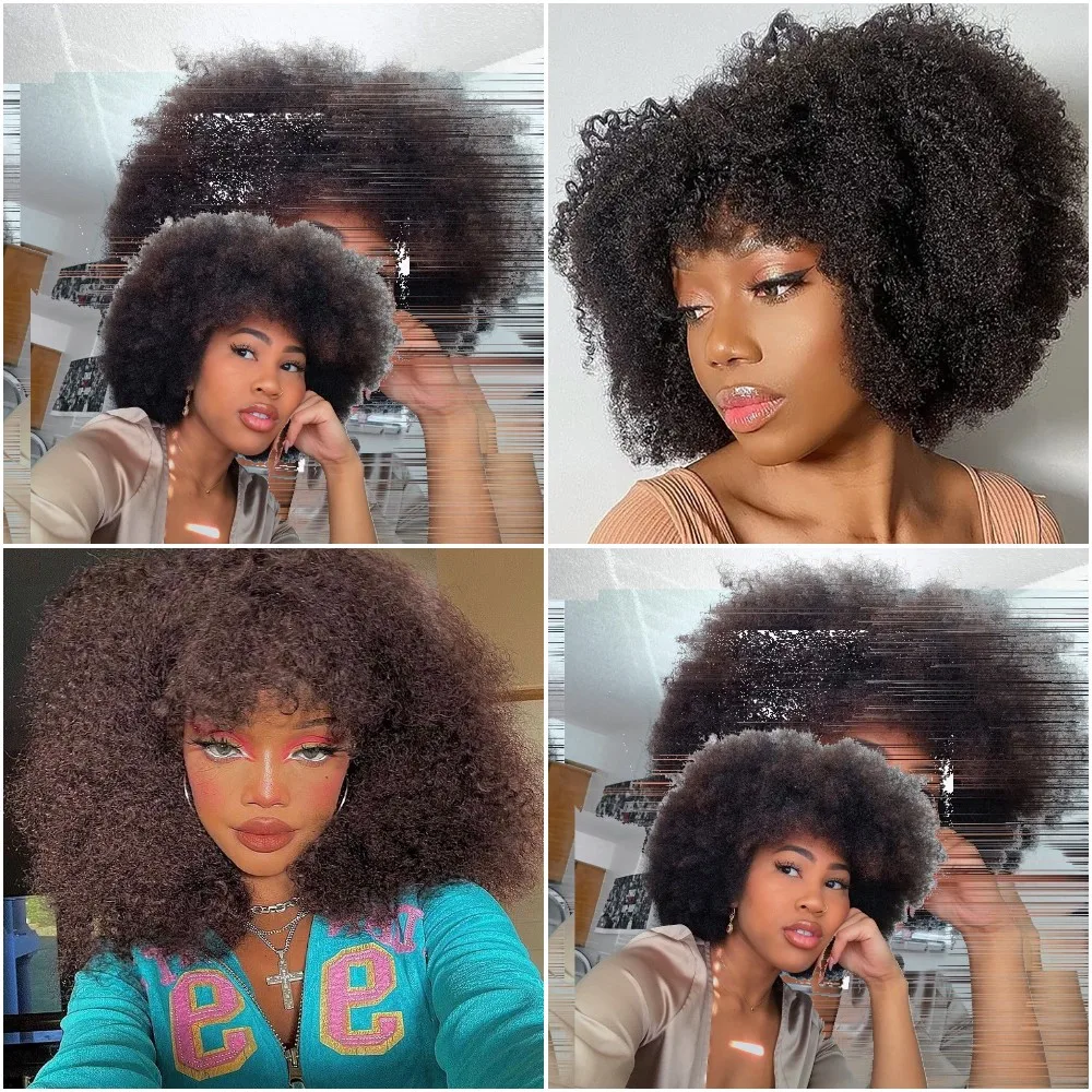 4B Fluffy Afro Kinky Curly Human Hair Wigs With Bangs Natural Put On And Go Ready To Wear Human Hair Wigs Without Glue And Gel