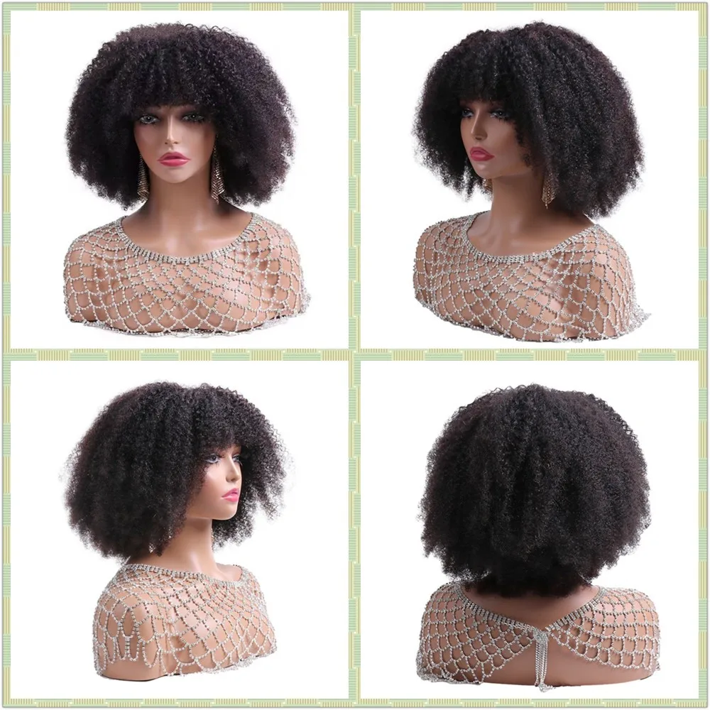 4B Fluffy Afro Kinky Curly Human Hair Wigs With Bangs Natural Put On And Go Ready To Wear Human Hair Wigs Without Glue And Gel